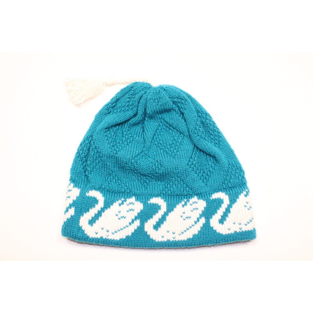 Blue White Swan Print Beanie Hat Handmade Knit by Shirley Lanpher Waterville VT